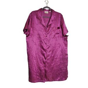 Cabernet Sleepwear women's 1X Button Front Satin Gown Short Sleeve Magenta Pink